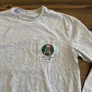 Vineyard Vines Gray LS Christmas Dog Tee M Holiday Shirt Golden Retriever